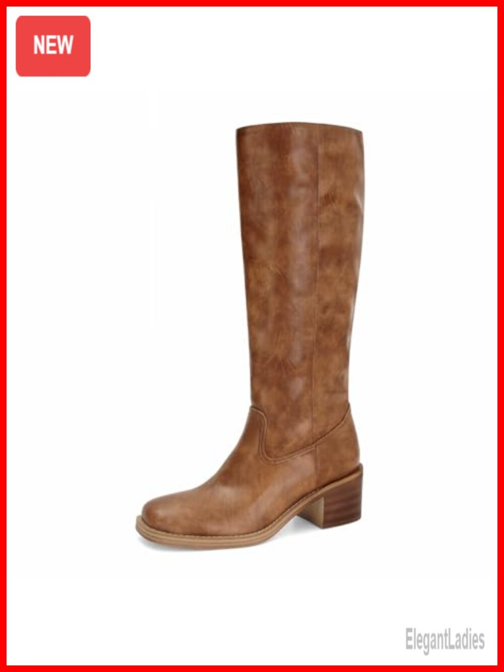 Faux Leather Knee High Boots Square Toe Chunky Block Heel Pull On